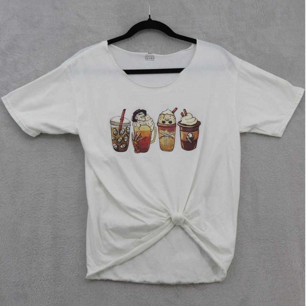 Horror Coffee Graphic Tee Womens M Ghostface Freddy Jason Michael Halloween